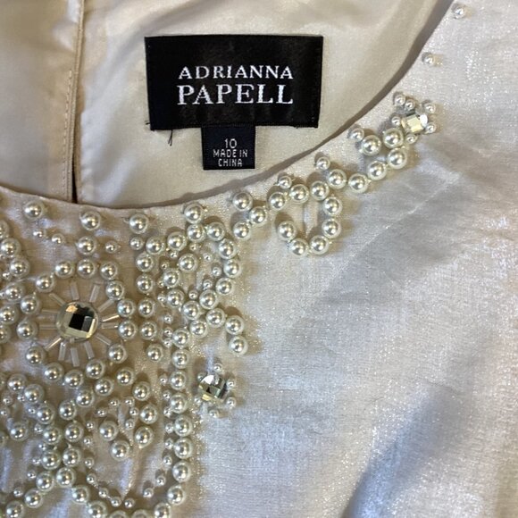 Adrianna Papell Beaded Tiered Ruffle Sleeveless Dress Sz 10 Champagne Beige 272J - Picture 8 of 10